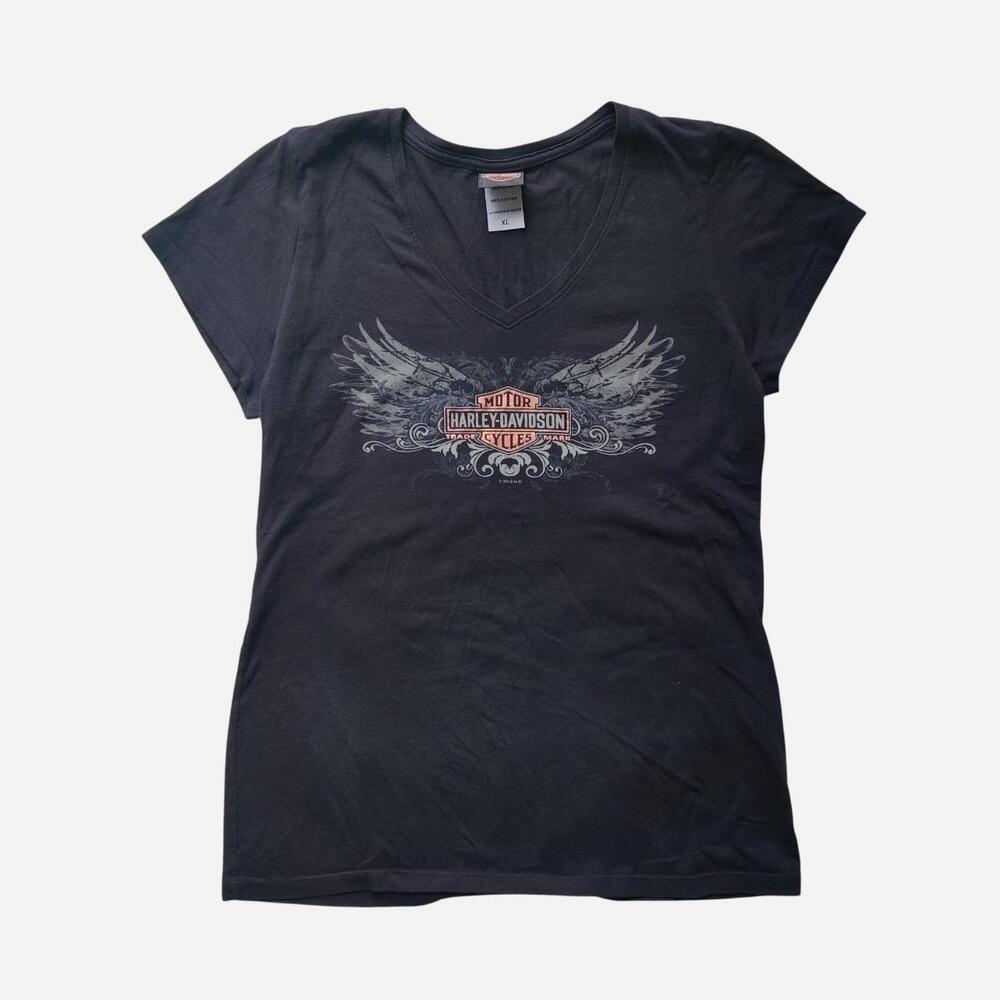 Y2K Harley Davidson black cotton v-neck tee with wings graphic